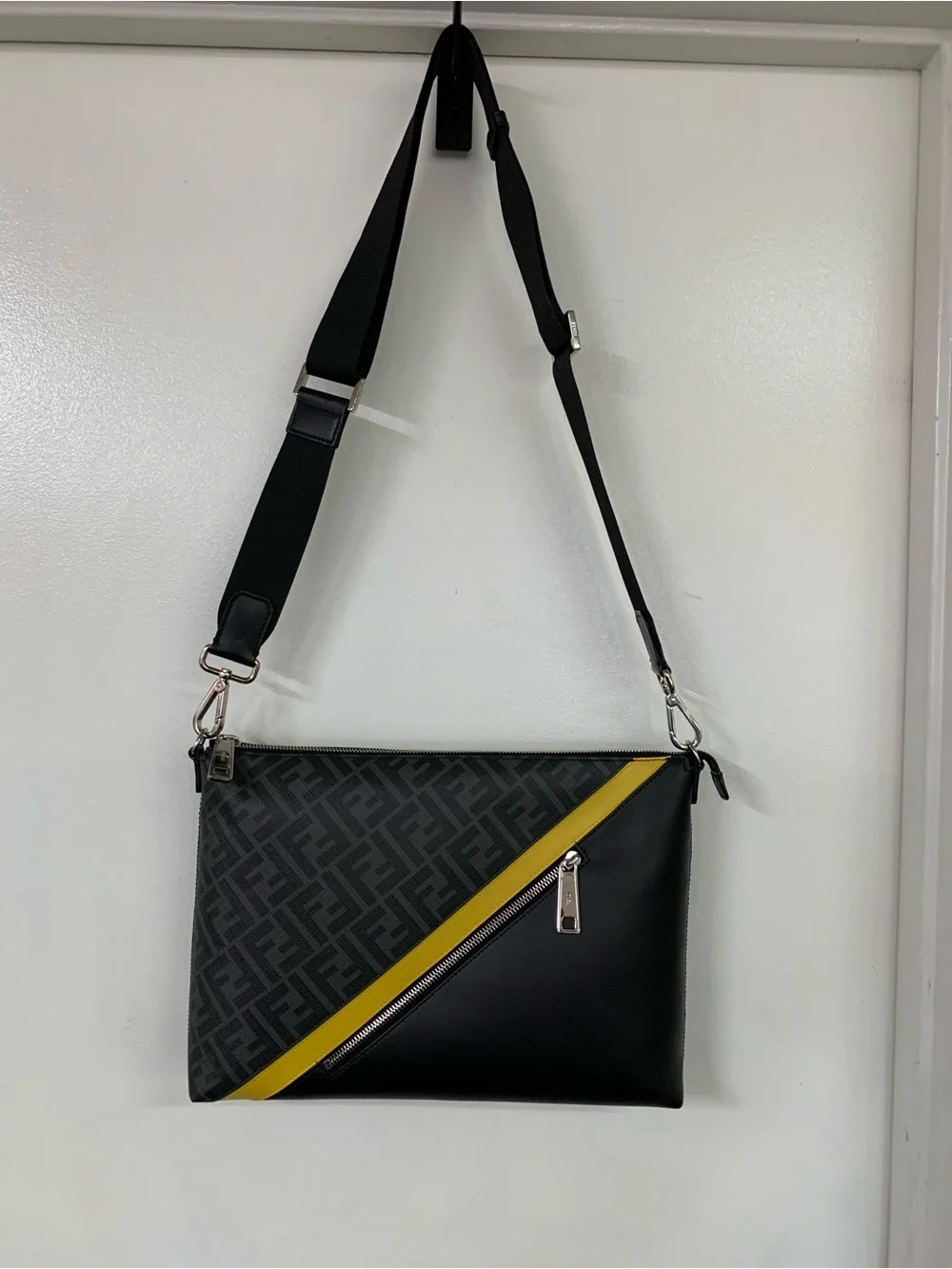 Fendi Diagonal FF Zucca Logo Black Messenger Bag